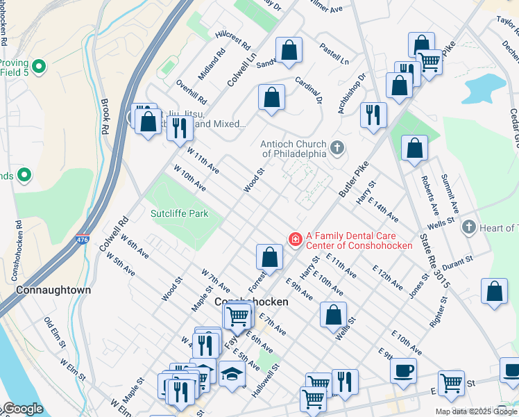 map of restaurants, bars, coffee shops, grocery stores, and more near 211 West 11th Avenue in Conshohocken