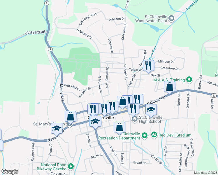 map of restaurants, bars, coffee shops, grocery stores, and more near 115 Overbaugh Avenue in Saint Clairsville