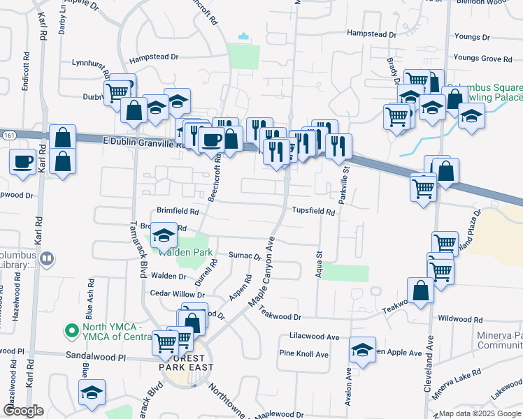 map of restaurants, bars, coffee shops, grocery stores, and more near 2065 Shawbury Court West in Columbus