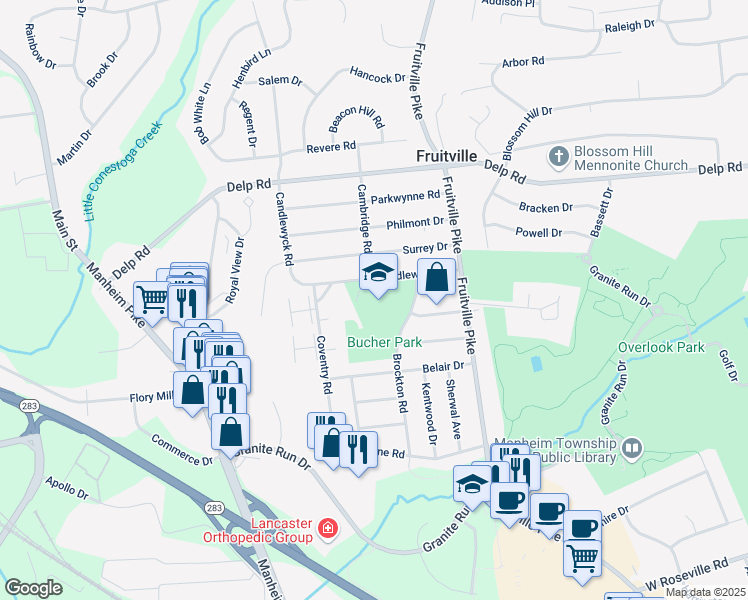 map of restaurants, bars, coffee shops, grocery stores, and more near 450 Candlewyck Road in Lancaster