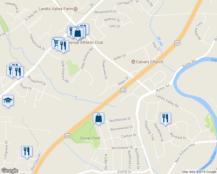 map of restaurants, bars, coffee shops, grocery stores, and more near 525 Alden Drive in Lancaster