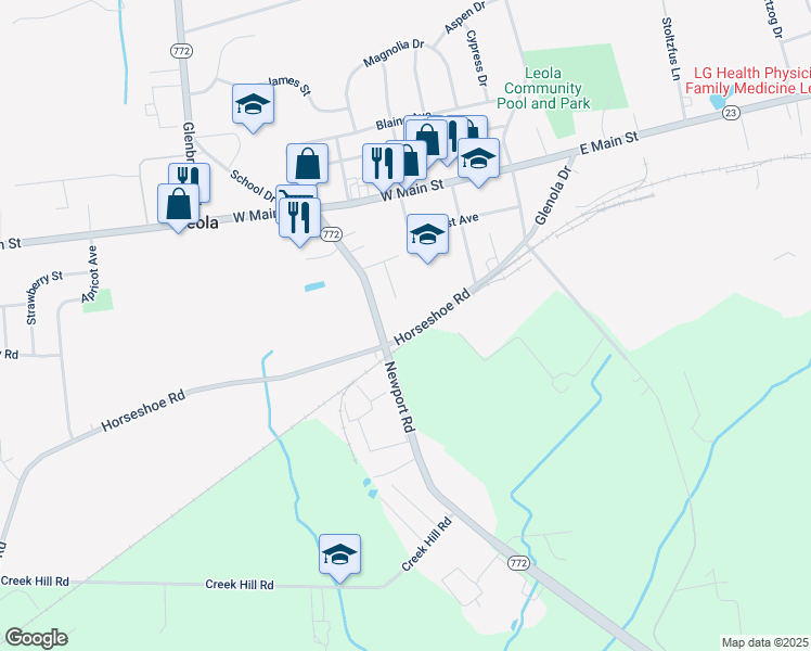 map of restaurants, bars, coffee shops, grocery stores, and more near 61 Horseshoe Road in Leola