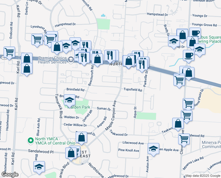 map of restaurants, bars, coffee shops, grocery stores, and more near 2065 Shawbury Court West in Columbus