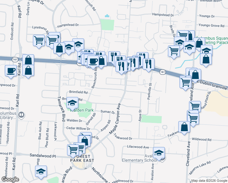 map of restaurants, bars, coffee shops, grocery stores, and more near 2065 Shawbury Court West in Columbus