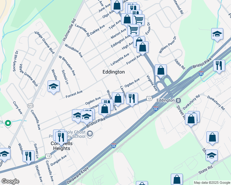 map of restaurants, bars, coffee shops, grocery stores, and more near 2657 Ogden Avenue in Eddington