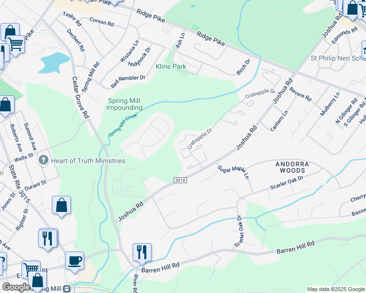 map of restaurants, bars, coffee shops, grocery stores, and more near 24 White Pine Court in Lafayette Hill