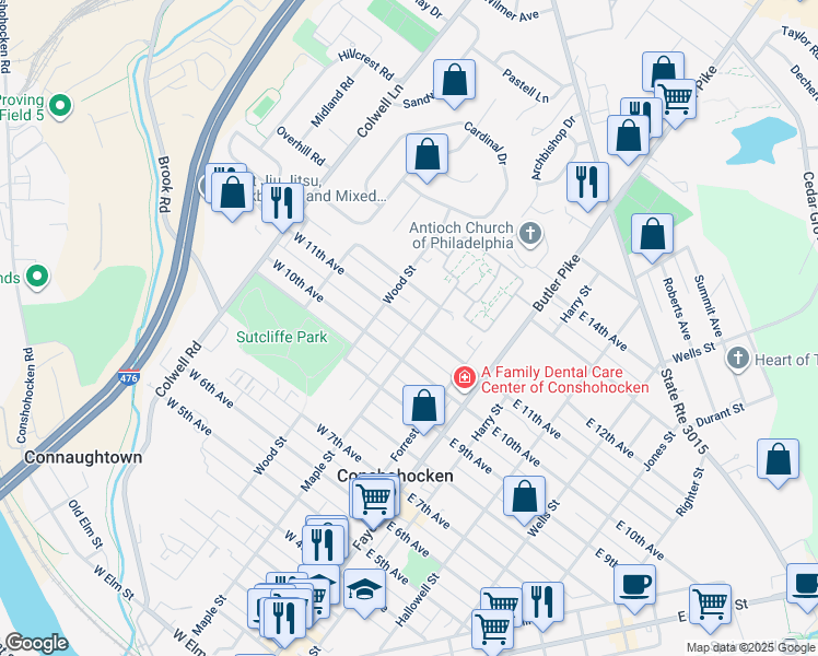 map of restaurants, bars, coffee shops, grocery stores, and more near 211 West 11th Avenue in Conshohocken