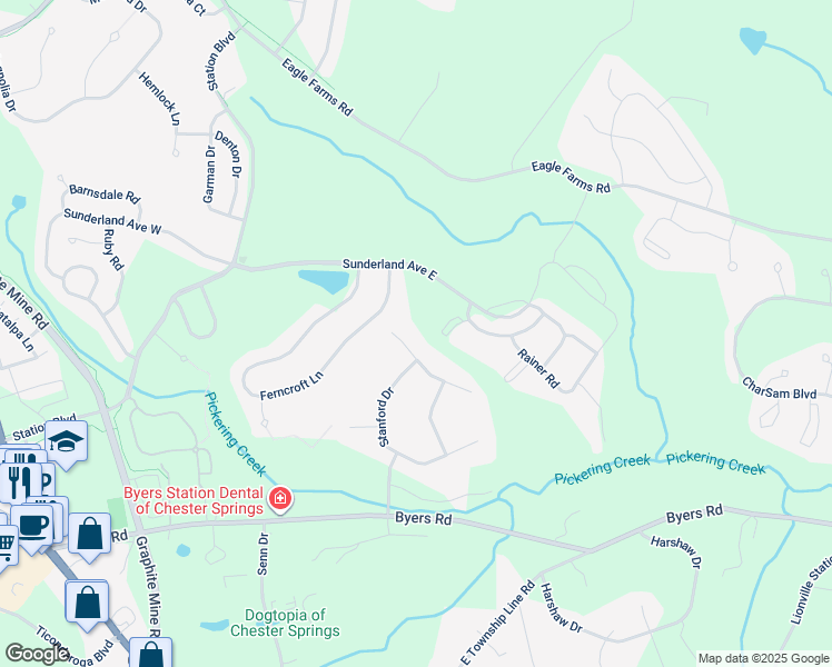 map of restaurants, bars, coffee shops, grocery stores, and more near 605 Winfield Way in Chester Springs