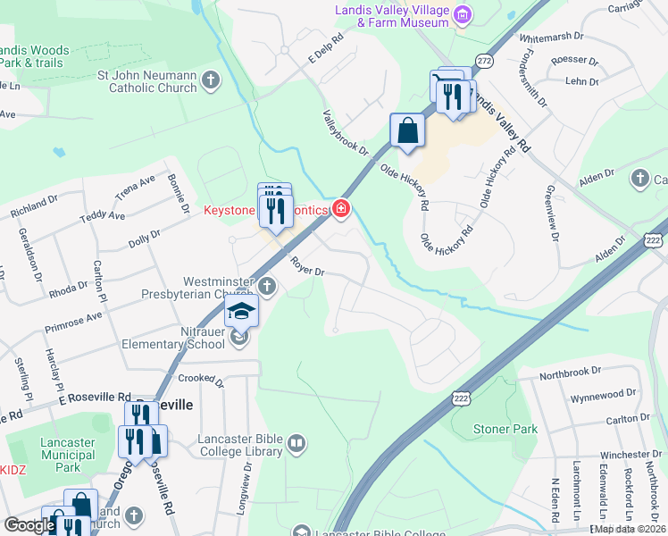 map of restaurants, bars, coffee shops, grocery stores, and more near 524 Royer Drive in Lancaster
