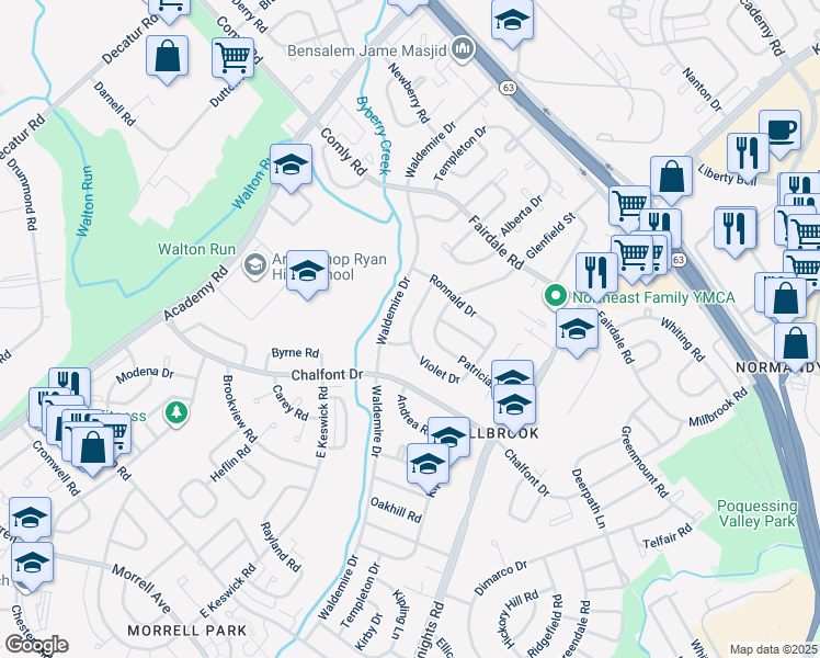 map of restaurants, bars, coffee shops, grocery stores, and more near 11108 Templeton Drive in Philadelphia