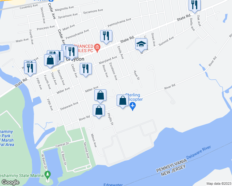 map of restaurants, bars, coffee shops, grocery stores, and more near 1100 Rosa Avenue in Croydon