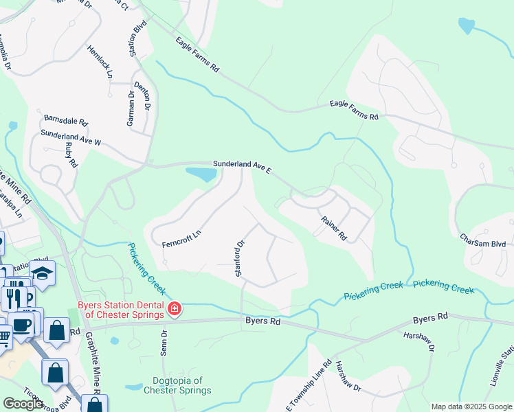 map of restaurants, bars, coffee shops, grocery stores, and more near 605 Winfield Way in Chester Springs