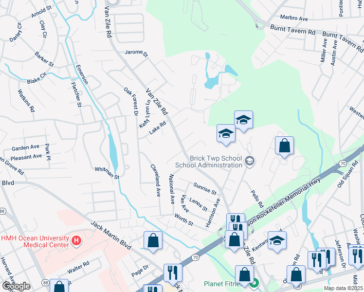 map of restaurants, bars, coffee shops, grocery stores, and more near 279 Van Zile Road in Brick Township