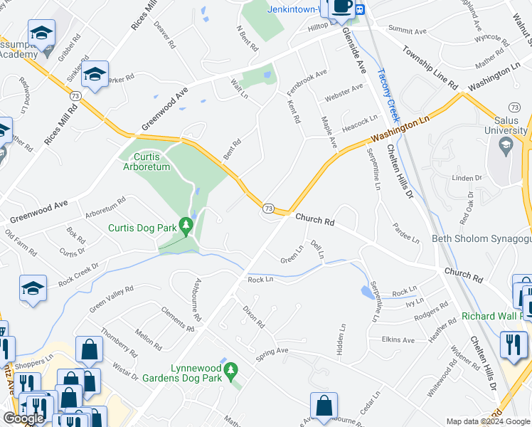 map of restaurants, bars, coffee shops, grocery stores, and more near 1104 Church Road in Wyncote