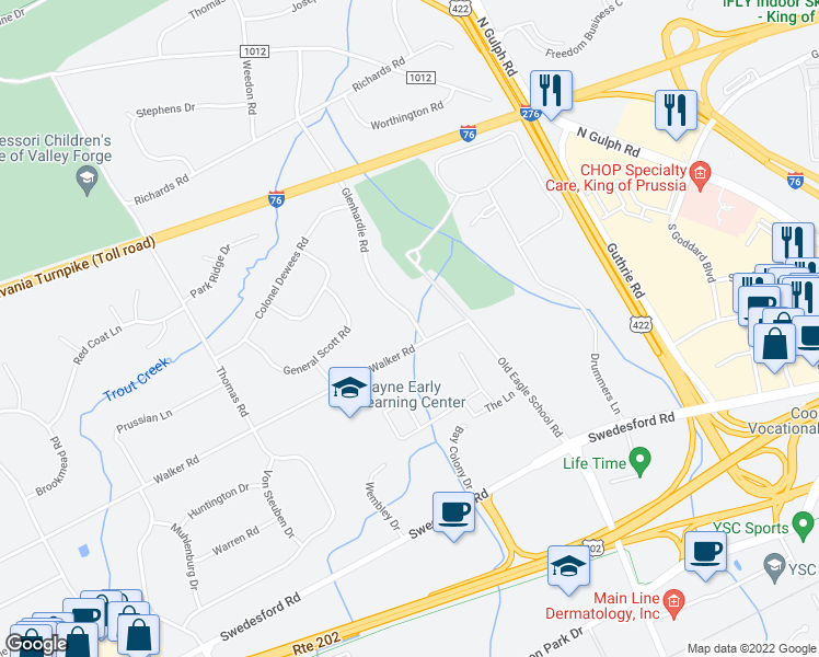map of restaurants, bars, coffee shops, grocery stores, and more near 1343 Glenhardie Road in Wayne