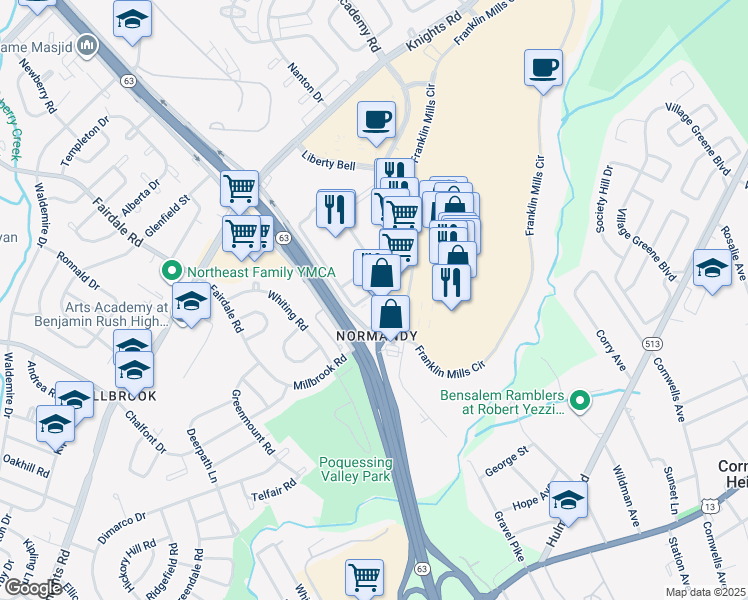 map of restaurants, bars, coffee shops, grocery stores, and more near 42-54 Franklin Mills Boulevard in Philadelphia