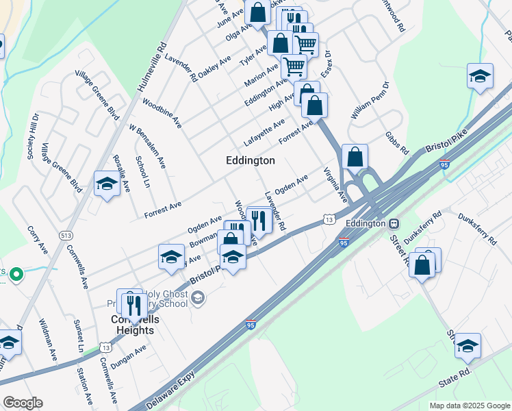 map of restaurants, bars, coffee shops, grocery stores, and more near 2657 Ogden Avenue in Eddington