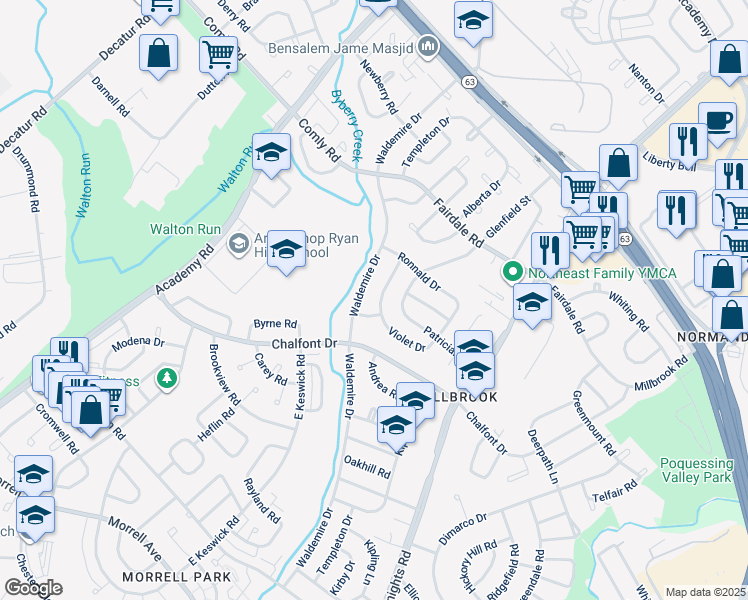 map of restaurants, bars, coffee shops, grocery stores, and more near 11108 Templeton Drive in Philadelphia