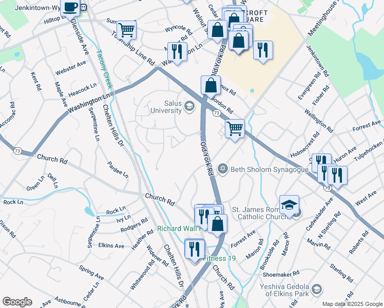 map of restaurants, bars, coffee shops, grocery stores, and more near 8302 Old York Road in Elkins Park
