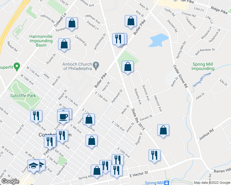 map of restaurants, bars, coffee shops, grocery stores, and more near 142 East 14th Avenue in Conshohocken