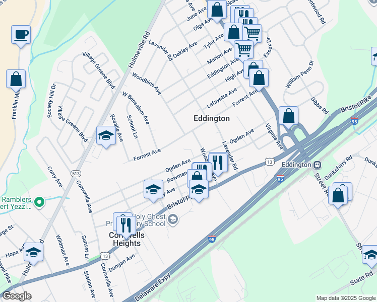 map of restaurants, bars, coffee shops, grocery stores, and more near 1234 Stoney Drive in Eddington