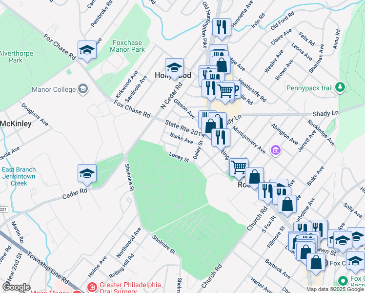map of restaurants, bars, coffee shops, grocery stores, and more near 805 Thompson Street in Jenkintown
