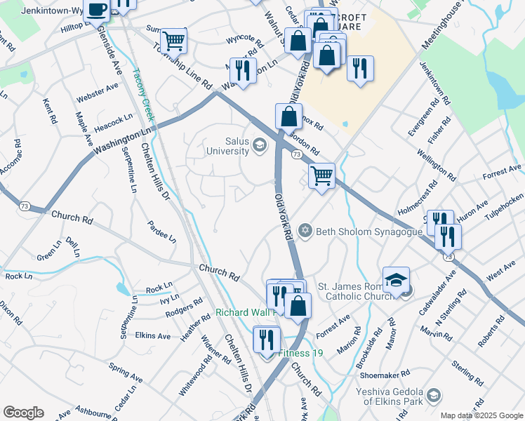 map of restaurants, bars, coffee shops, grocery stores, and more near 8302 Old York Road in Elkins Park
