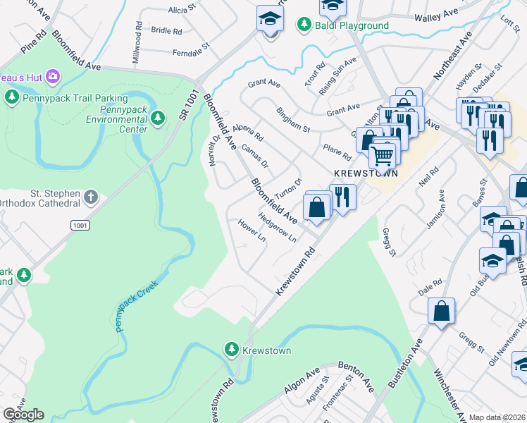 map of restaurants, bars, coffee shops, grocery stores, and more near 1055 Bloomfield Avenue in Philadelphia