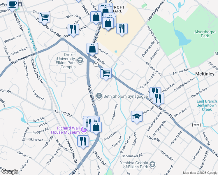 map of restaurants, bars, coffee shops, grocery stores, and more near 614 Foxcroft Road in Elkins Park