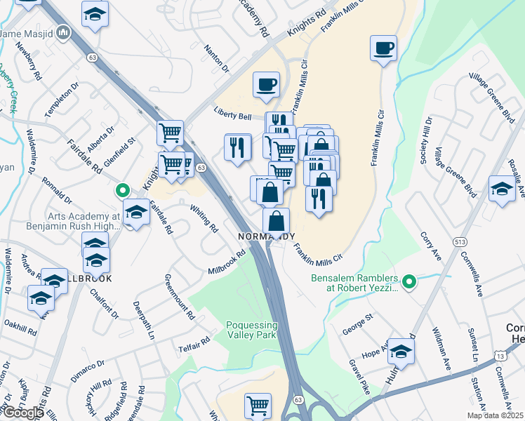 map of restaurants, bars, coffee shops, grocery stores, and more near 54 Franklin Mills Boulevard in Philadelphia