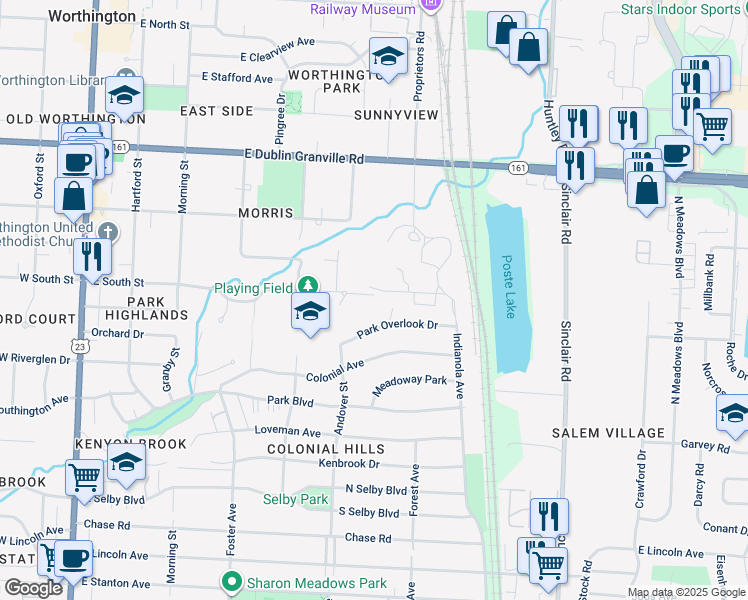 map of restaurants, bars, coffee shops, grocery stores, and more near 415 East South Street in Worthington