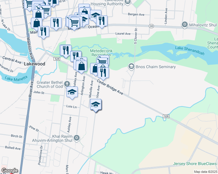 map of restaurants, bars, coffee shops, grocery stores, and more near 415 Cedar Bridge Avenue in Lakewood