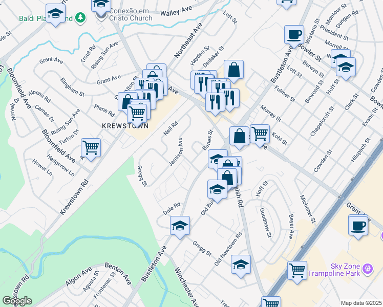 map of restaurants, bars, coffee shops, grocery stores, and more near 9321 Jamison Avenue in Philadelphia