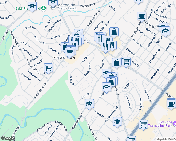 map of restaurants, bars, coffee shops, grocery stores, and more near 9321 Jamison Avenue in Philadelphia