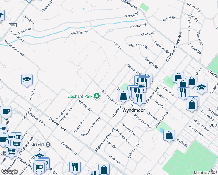 map of restaurants, bars, coffee shops, grocery stores, and more near 8323 Flourtown Avenue in Wyndmoor