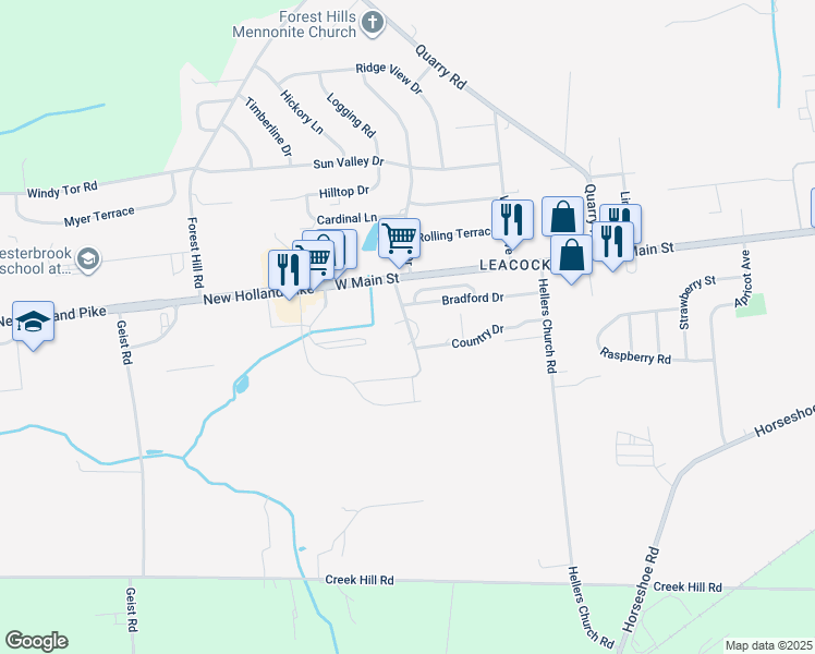 map of restaurants, bars, coffee shops, grocery stores, and more near 11 Bradford Drive in Leacock-Leola-Bareville