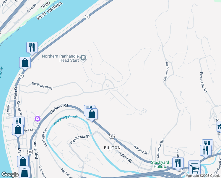 map of restaurants, bars, coffee shops, grocery stores, and more near 800 Northwood Court in Wheeling