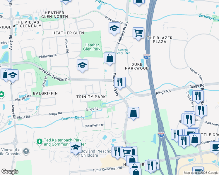 map of restaurants, bars, coffee shops, grocery stores, and more near 6365 Emerald Parkway in Dublin
