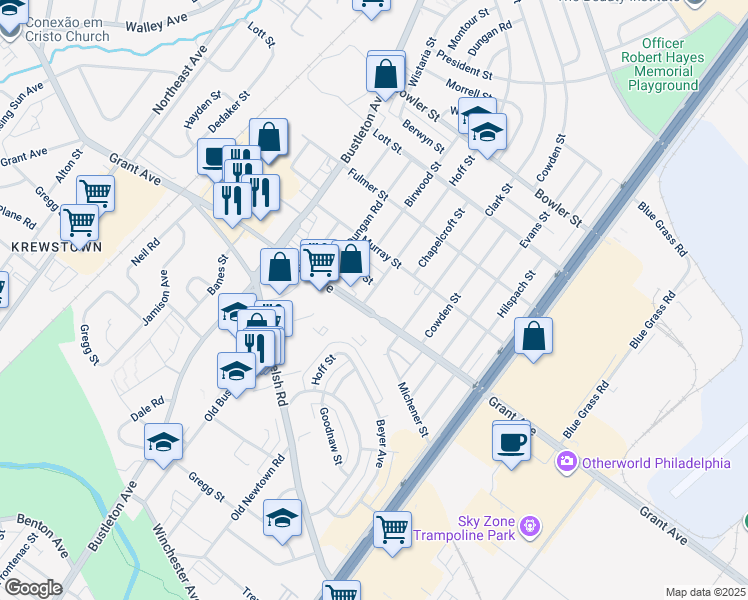 map of restaurants, bars, coffee shops, grocery stores, and more near 9513 Hoff Street in Philadelphia