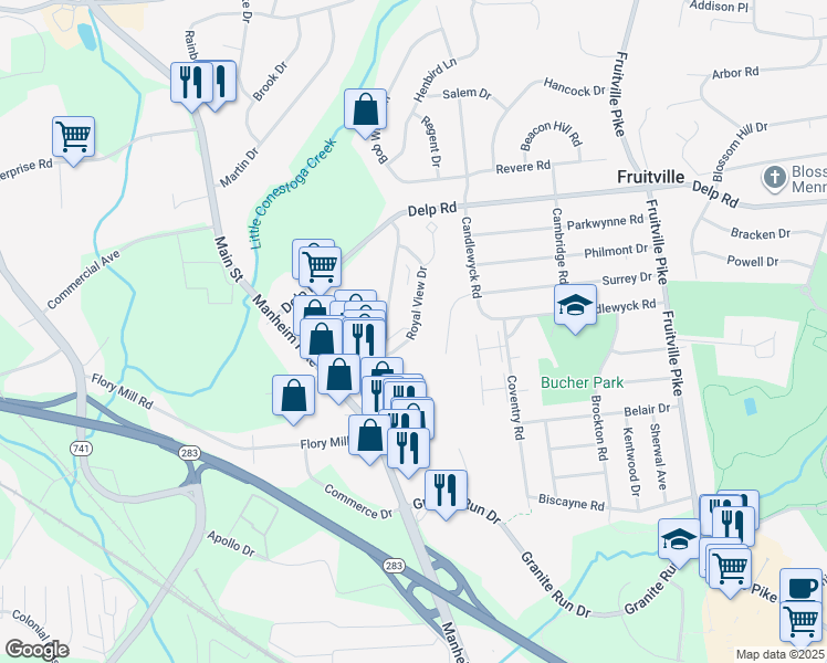 map of restaurants, bars, coffee shops, grocery stores, and more near 652 Royal View Drive in Lancaster