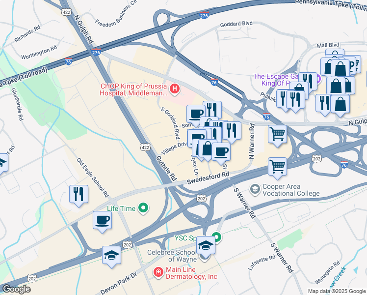 map of restaurants, bars, coffee shops, grocery stores, and more near 301 Village Drive in King of Prussia