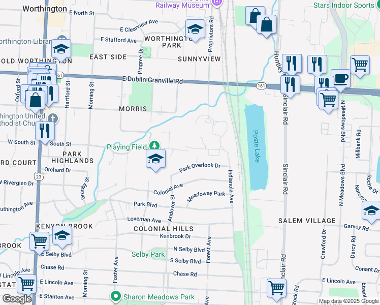 map of restaurants, bars, coffee shops, grocery stores, and more near 415 East South Street in Worthington