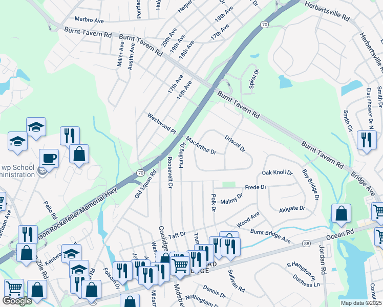 map of restaurants, bars, coffee shops, grocery stores, and more near 600 Driscol Drive in Brick