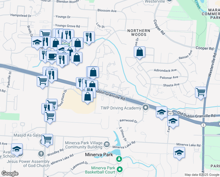 map of restaurants, bars, coffee shops, grocery stores, and more near 5489 Palmira Way in Columbus