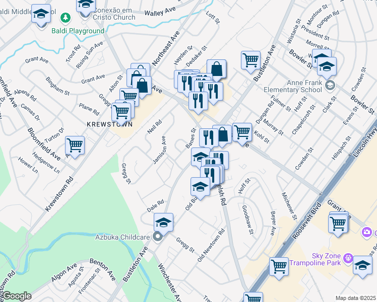 map of restaurants, bars, coffee shops, grocery stores, and more near 9331 Banes Street in Philadelphia