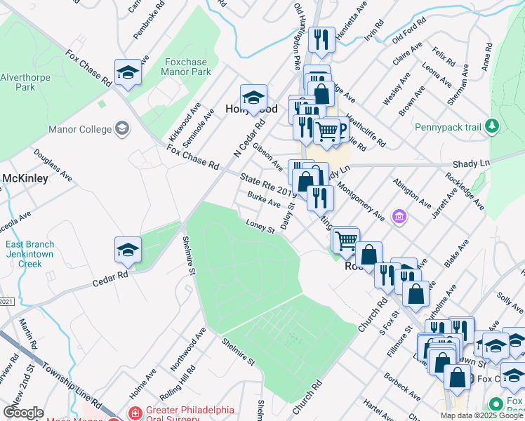 map of restaurants, bars, coffee shops, grocery stores, and more near 805 Thompson Street in Jenkintown
