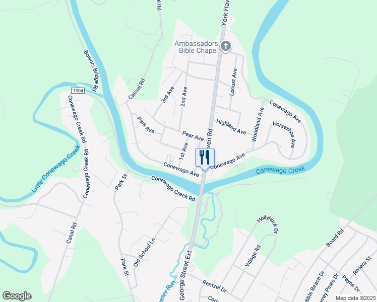 map of restaurants, bars, coffee shops, grocery stores, and more near 1st Avenue in York County