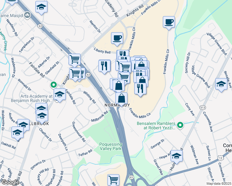 map of restaurants, bars, coffee shops, grocery stores, and more near 42-54 Franklin Mills Boulevard in Philadelphia