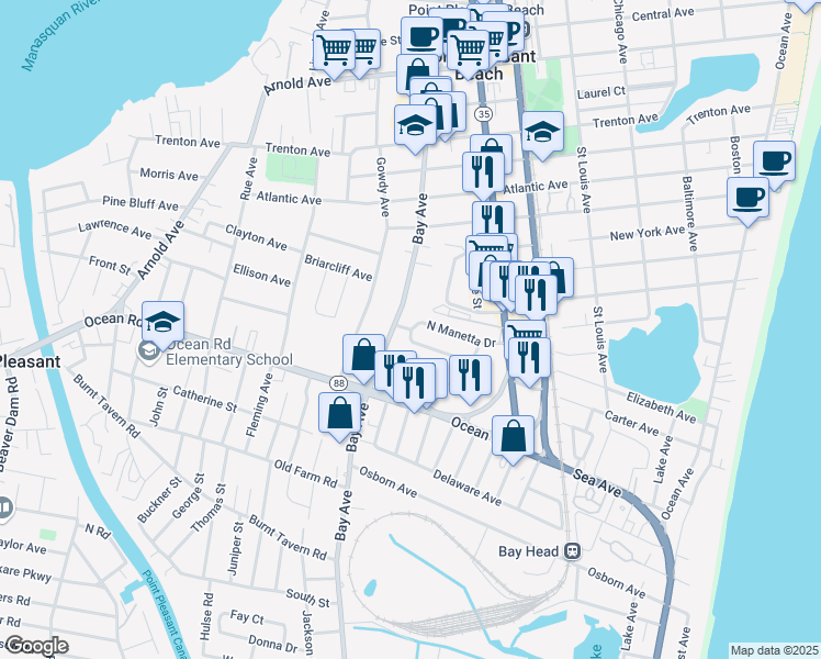 map of restaurants, bars, coffee shops, grocery stores, and more near 940 Bay Avenue in Point Pleasant Beach
