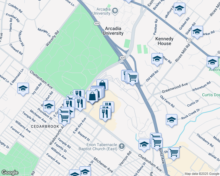 map of restaurants, bars, coffee shops, grocery stores, and more near 129 Old Cedarbrook Road in Wyncote